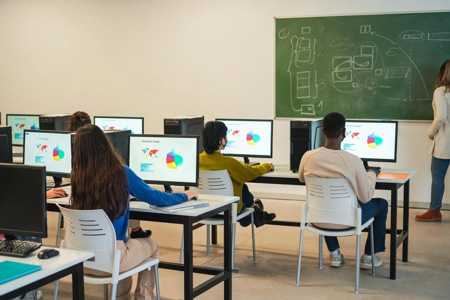 Elementary students working on desktop computers in a UAE classroom with a teacher at the whiteboard