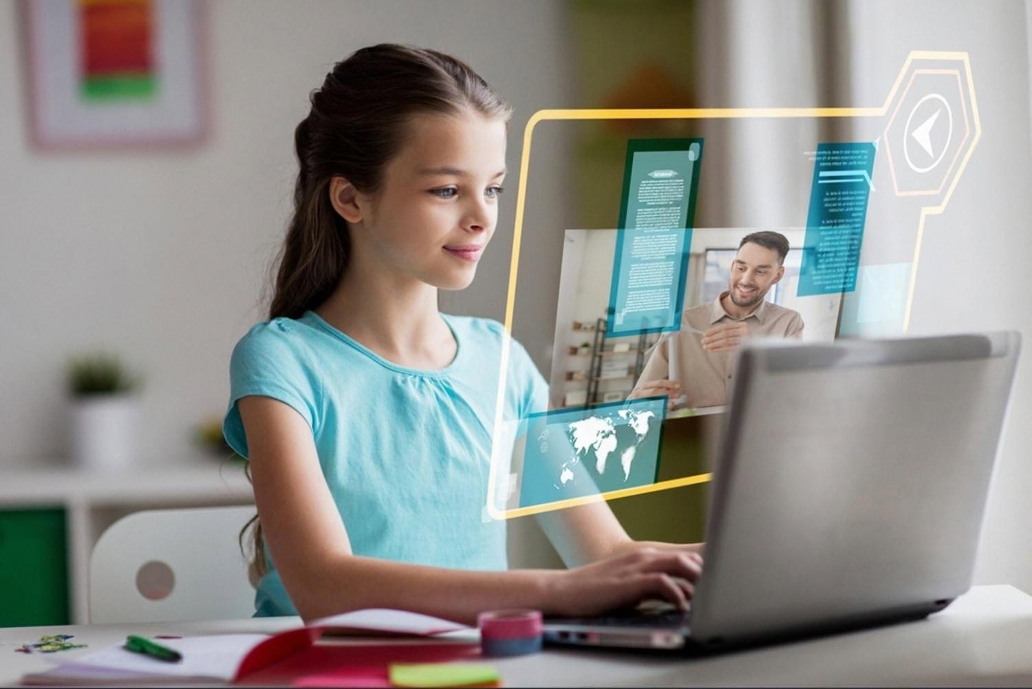 Elementary-age girl learning on a laptop with digital learning graphics overlaid